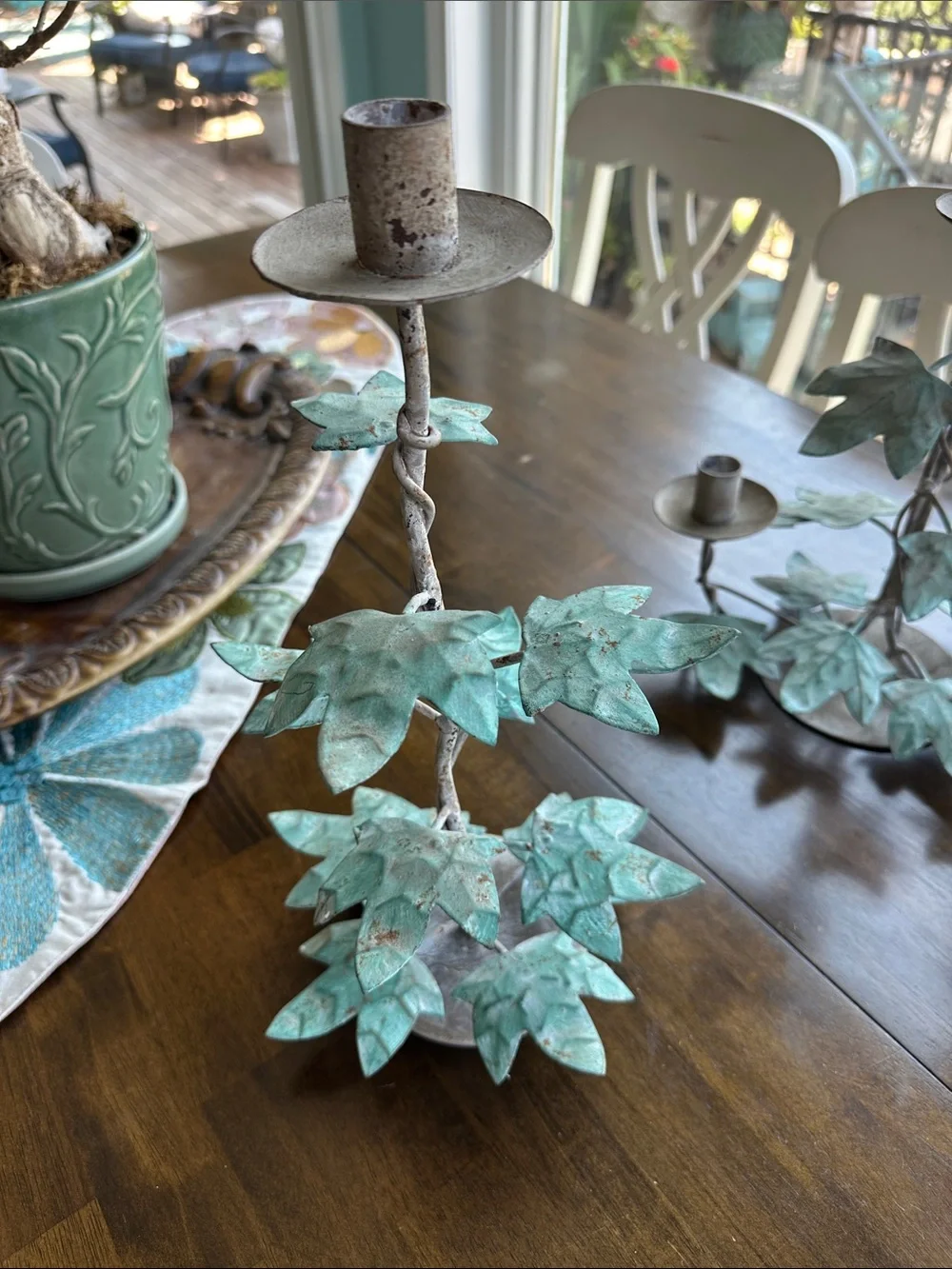 Metal Ivy Branch Candle Holders - Green Patina- set of 3